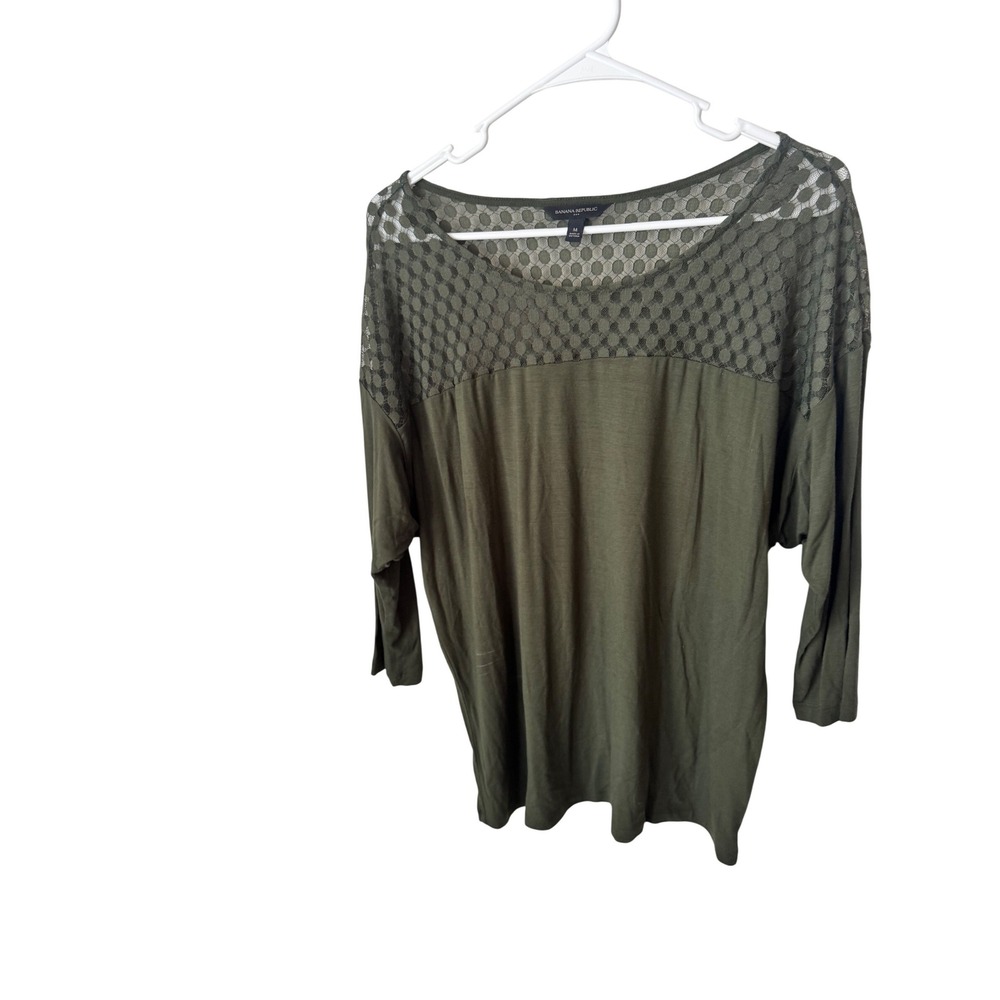 Banana Republic Olive Green Lace Yoke 3/4 Sleeve Knit Top Blouse Medium